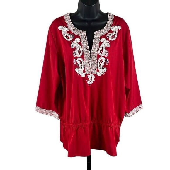 Chico’s Boho Red Embroidered Peplum Waist Top - Picture 1 of 9